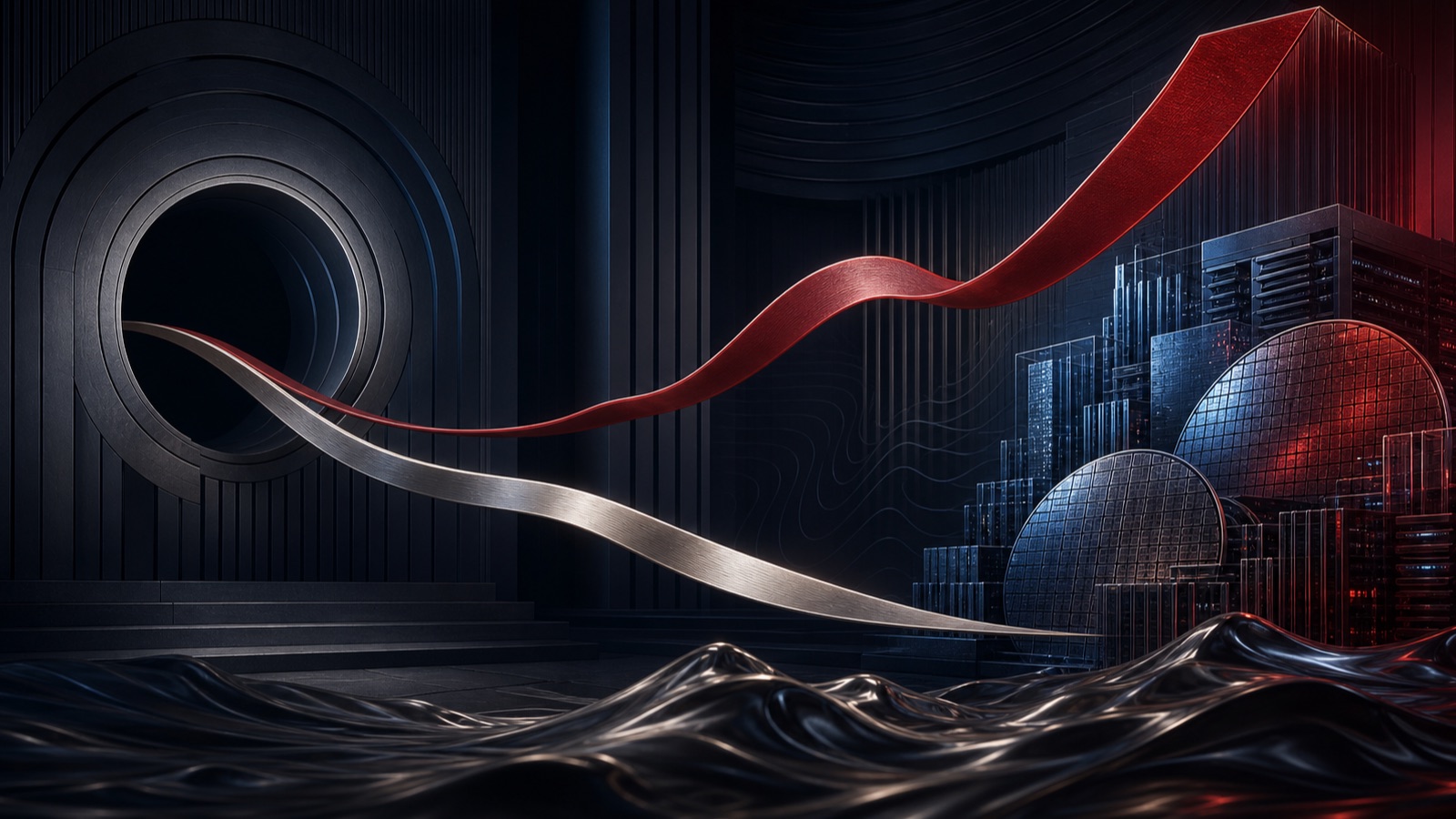 A rising oxblood long-term yield ribbon diverges from a falling silver short-term ribbon above semiconductor wafers, data-center structures and a dark oil surface