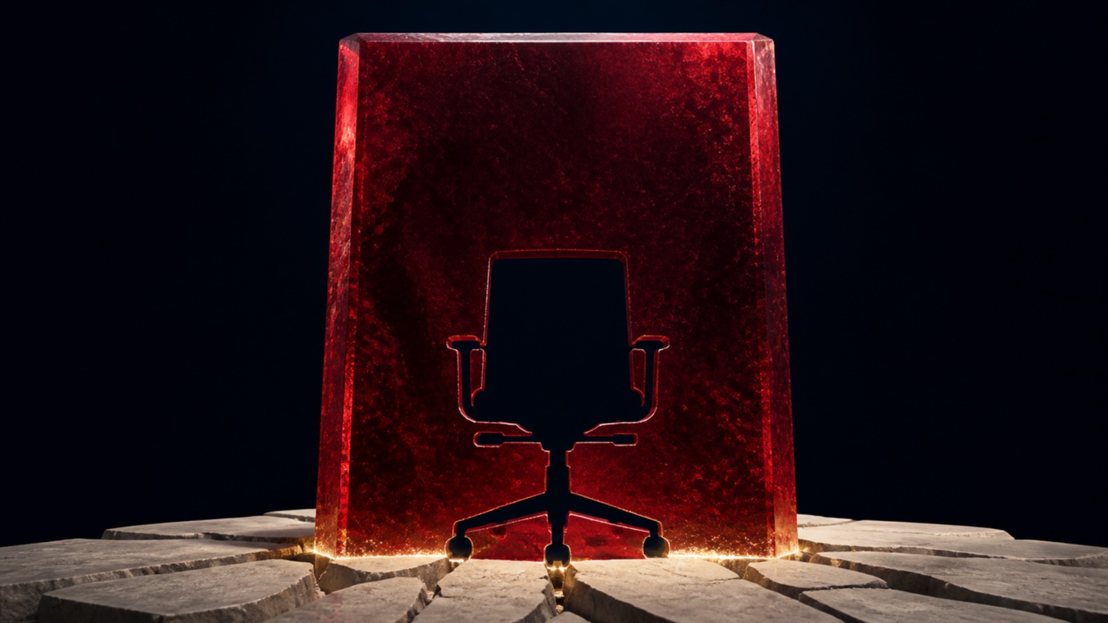 An empty chair inside an oxblood glass monolith rising from cracked ivory ground symbolizes the tension between falling employment and a record stock market