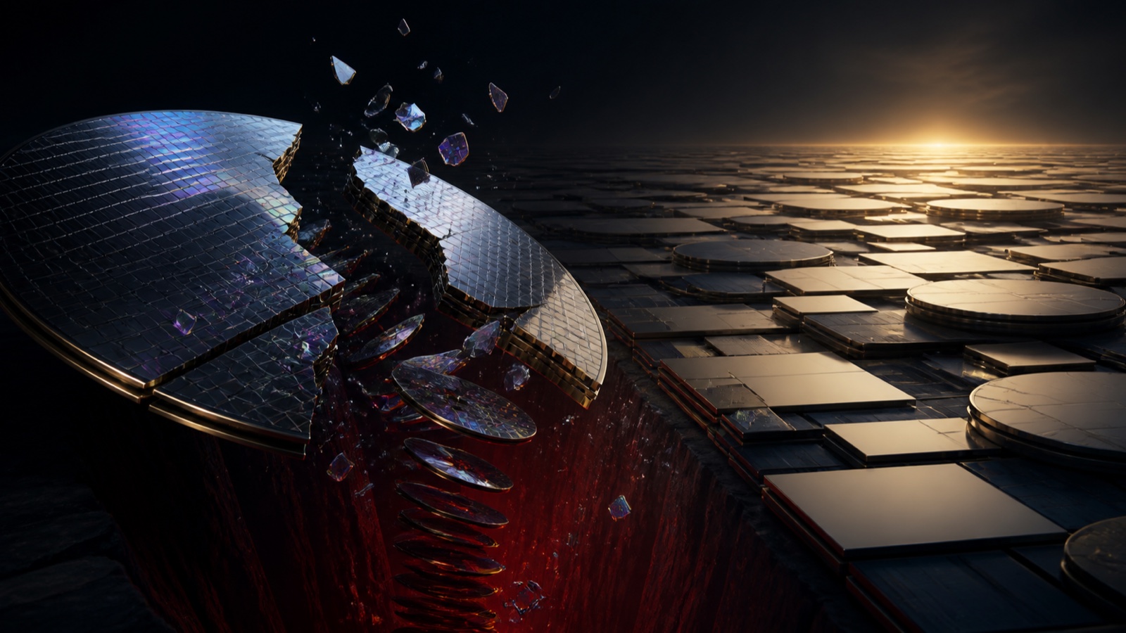 A fractured silicon wafer drops into an oxblood market fissure while a broad field of illuminated semiconductor tiles remains steady at the horizon