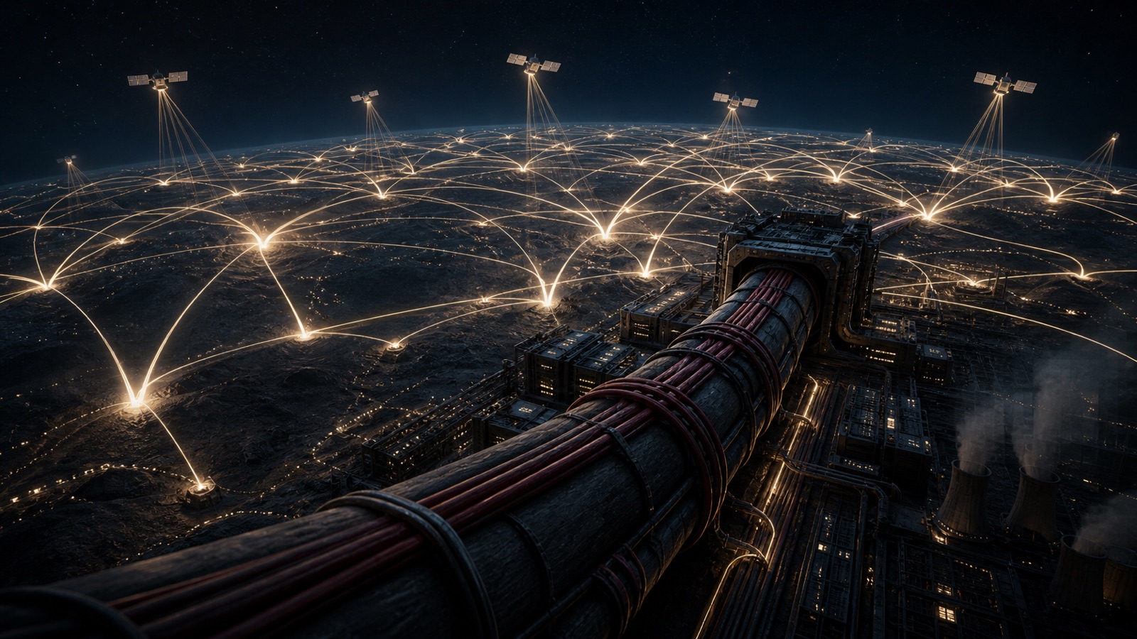 A broad orbital communications lattice and illuminated market paths feed into a massive dark infrastructure conduit carrying restrained oxblood cables