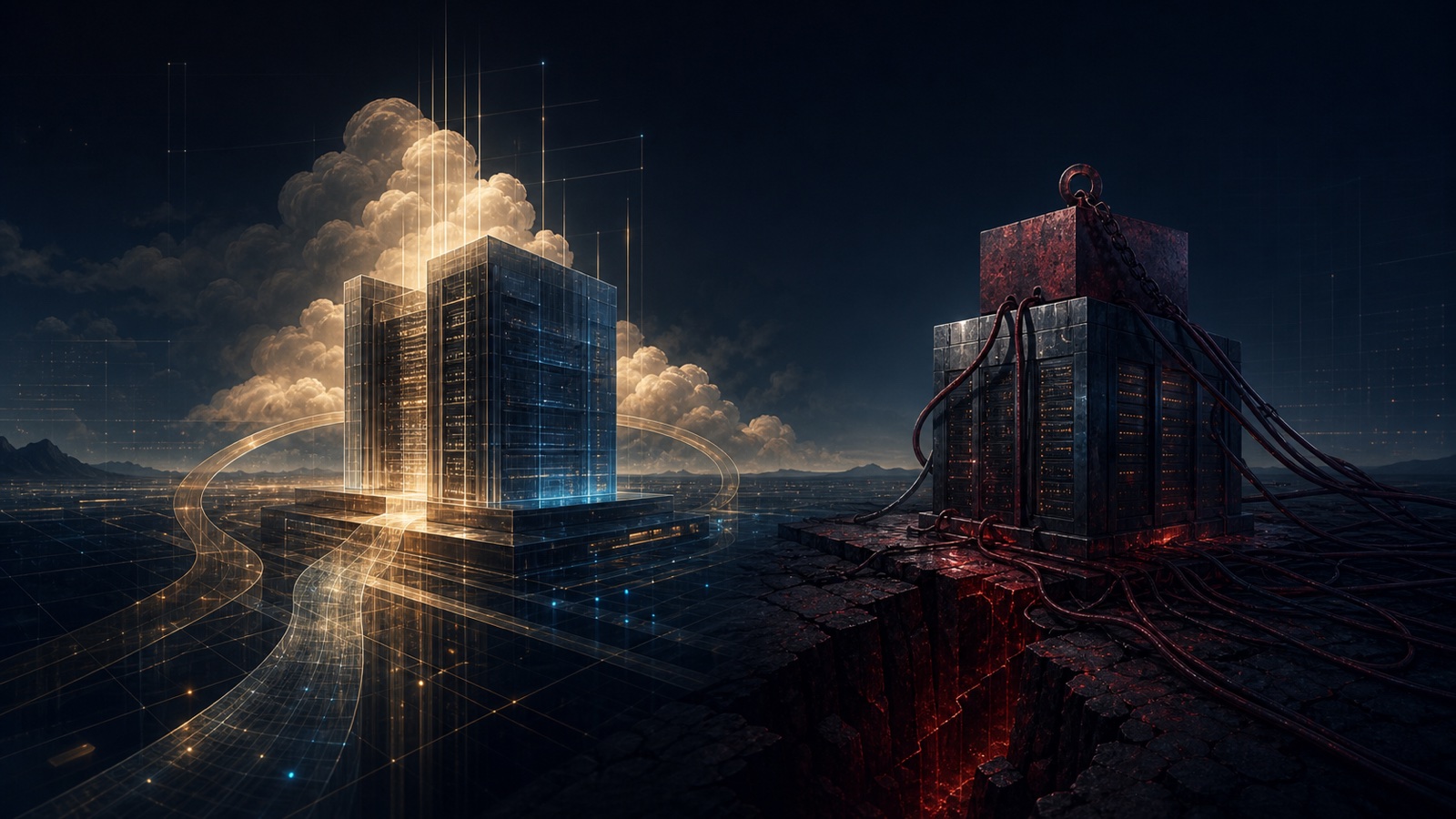 One AI data-centre structure rises through warm demand pathways while another strains under an oxblood financing weight and a cash-flow fissure
