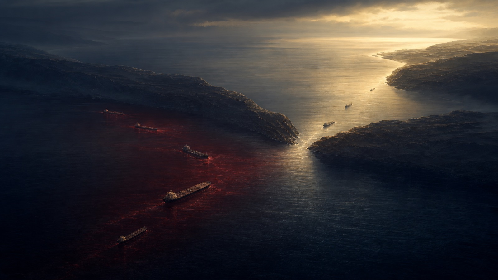 Tanker routes divide between a warm open sea passage and a dark oxblood-risk channel through a narrow strait