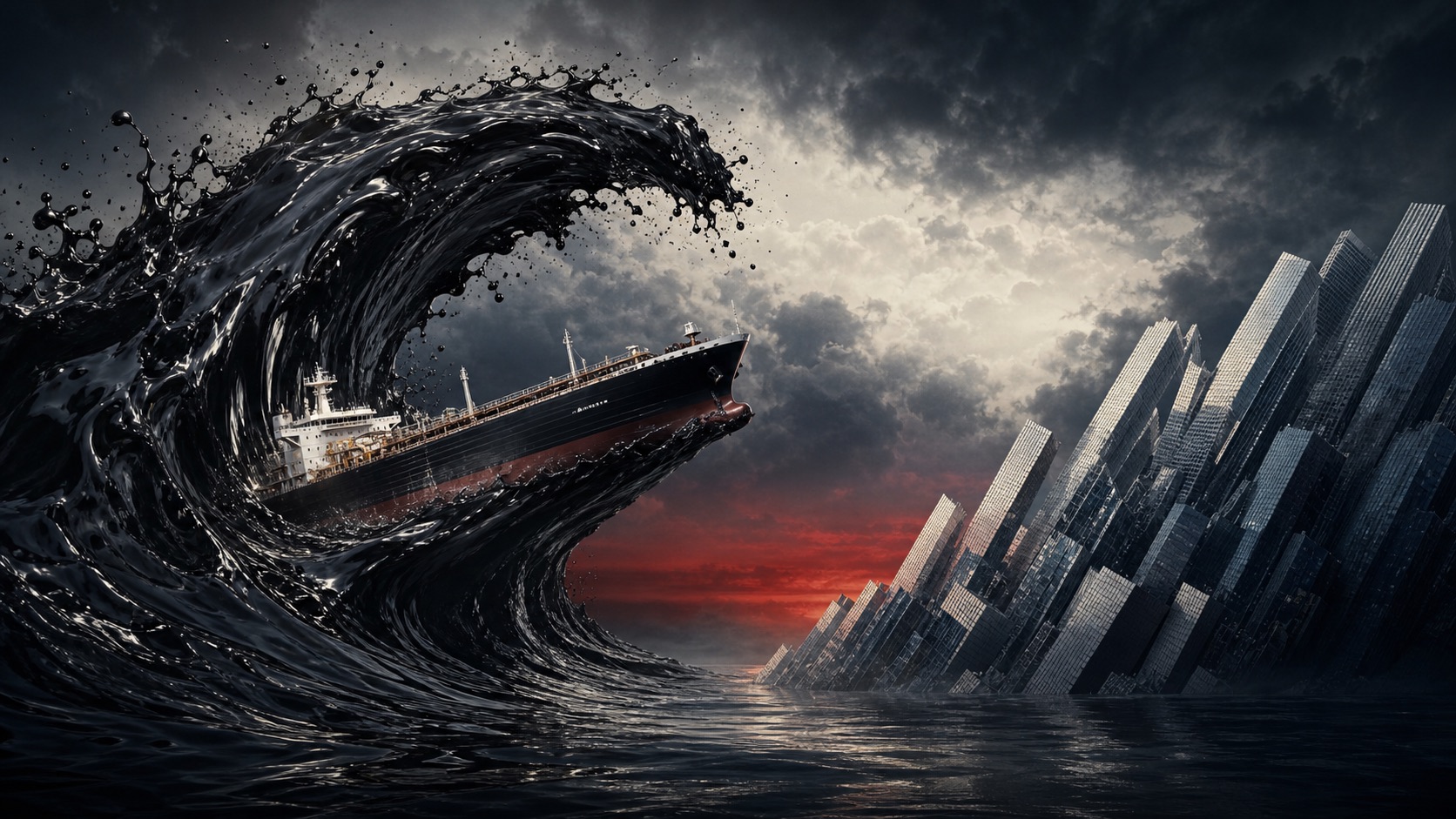 An oil tanker carried upward by a crude oil wave as a technology skyline falls
