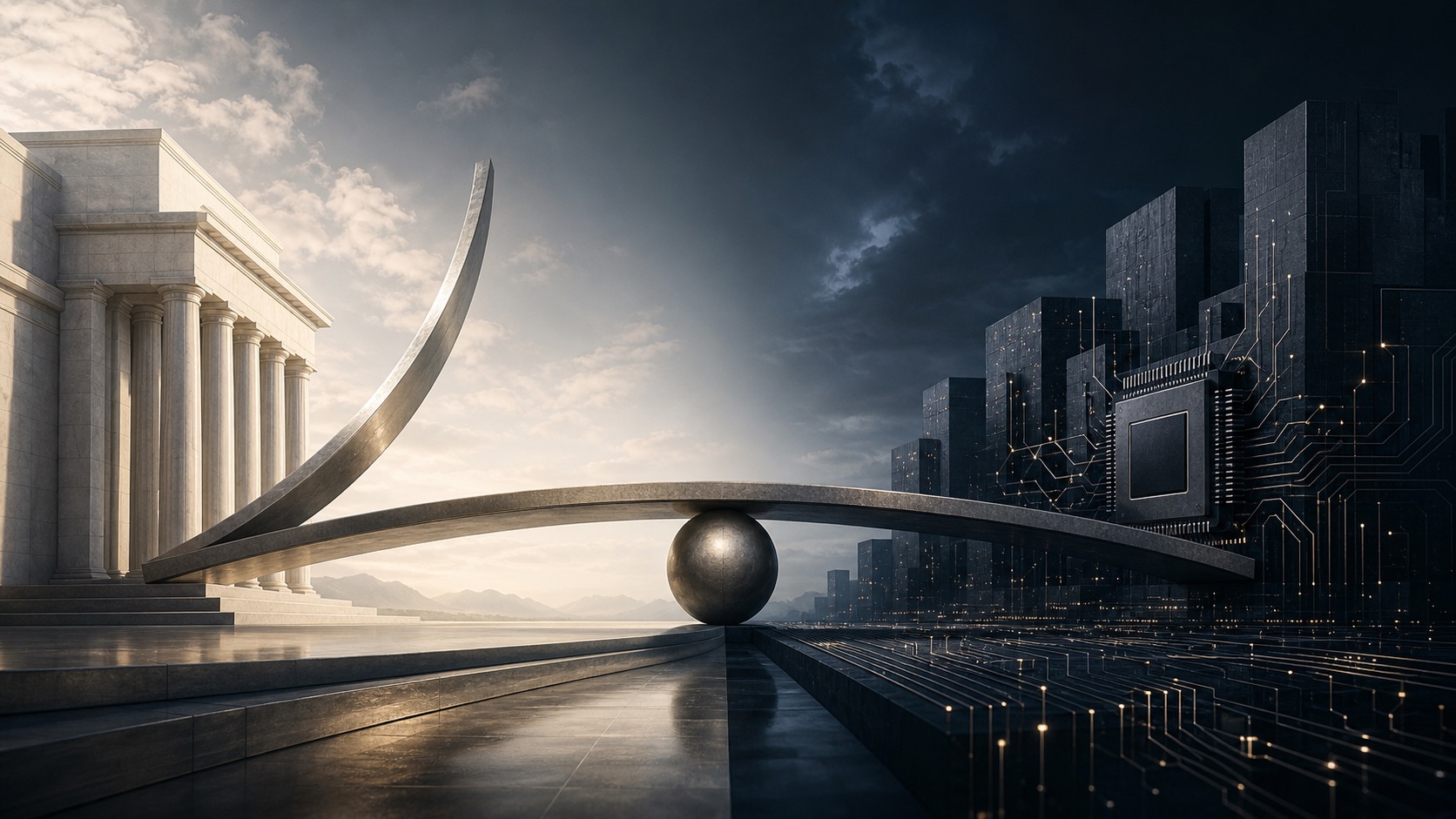 A sculptural balance joining central bank architecture and a semiconductor city