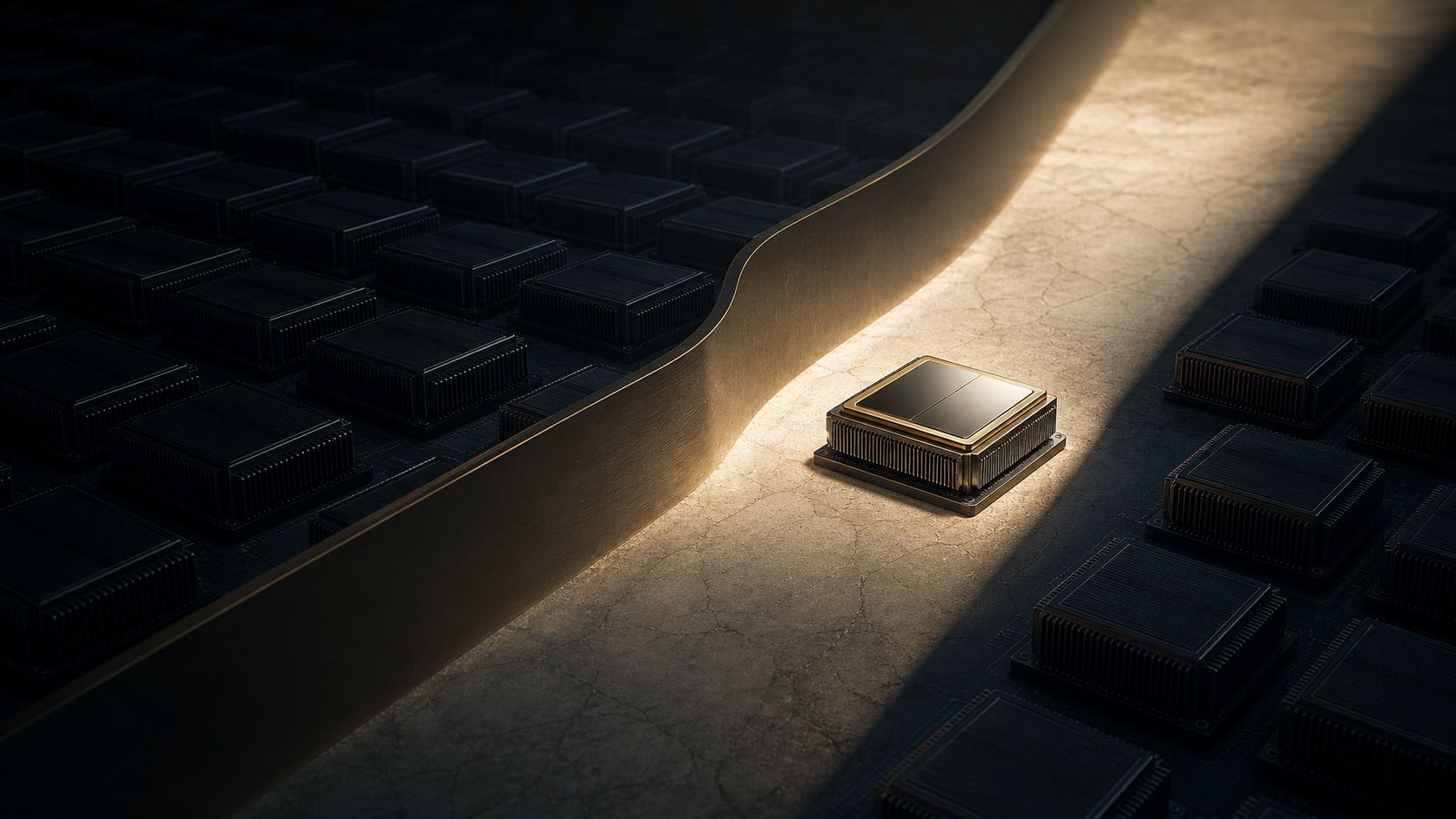 One processor selected by a beam of light from a crowded field of dark chips