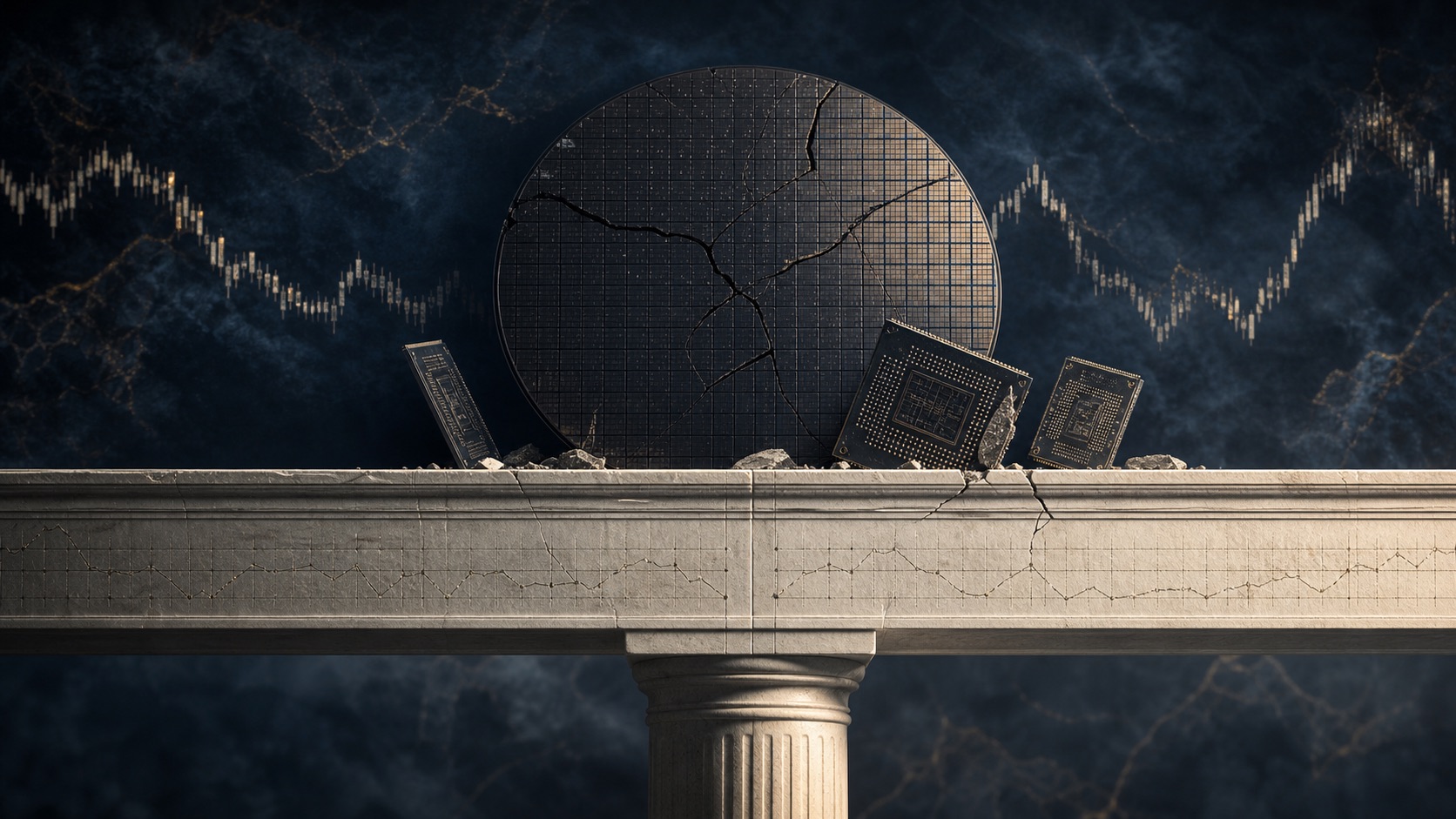 Fragile semiconductor components resting on a monumental market support platform