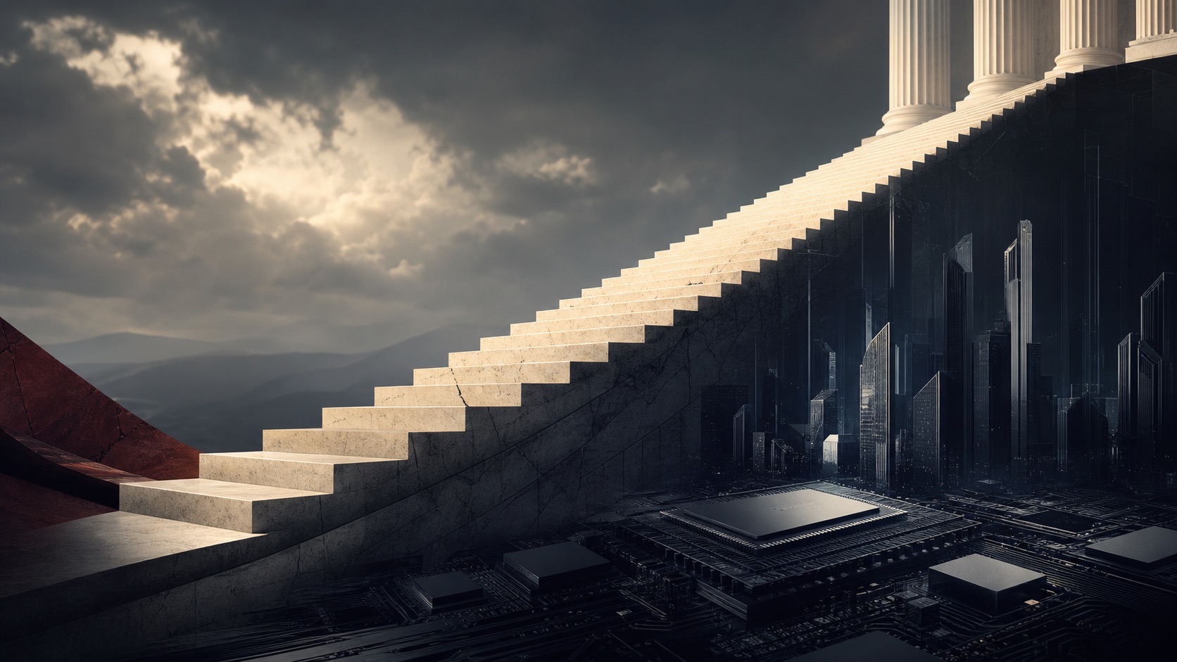 A monumental rising staircase casting a shadow over a semiconductor city