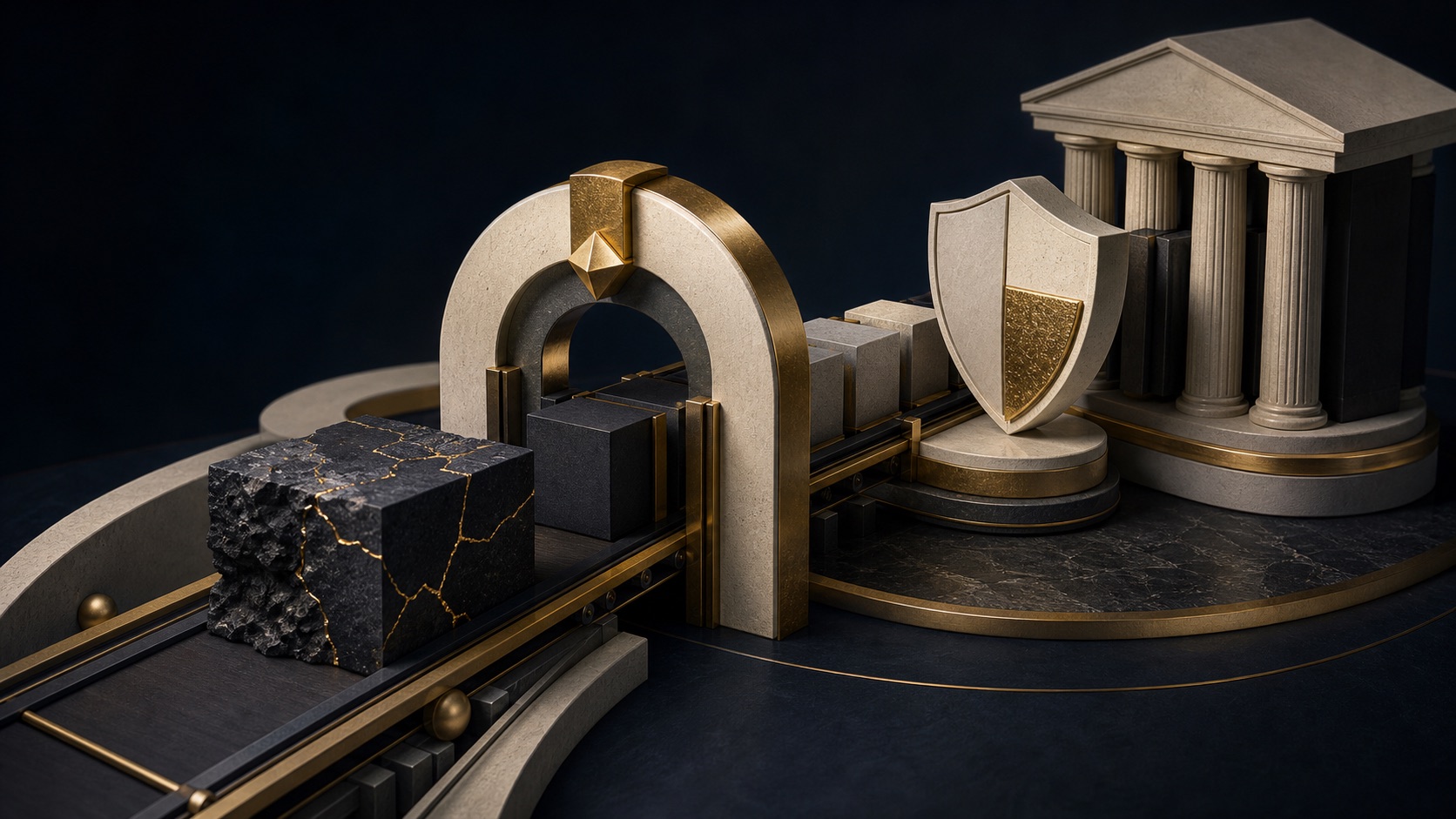 A sculptural private-credit mechanism carries borrower debt through a valuation gate toward insurer and bank structures