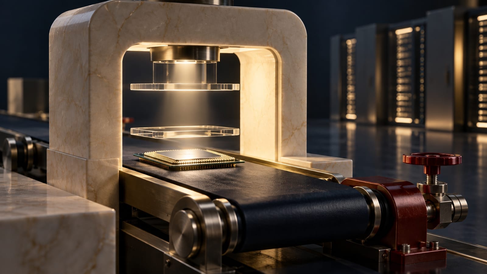 A semiconductor moves under a suspended press on a dark conveyor, with data-center racks and a red pressure valve behind it, evoking slower AI development and pressure on chip stocks
