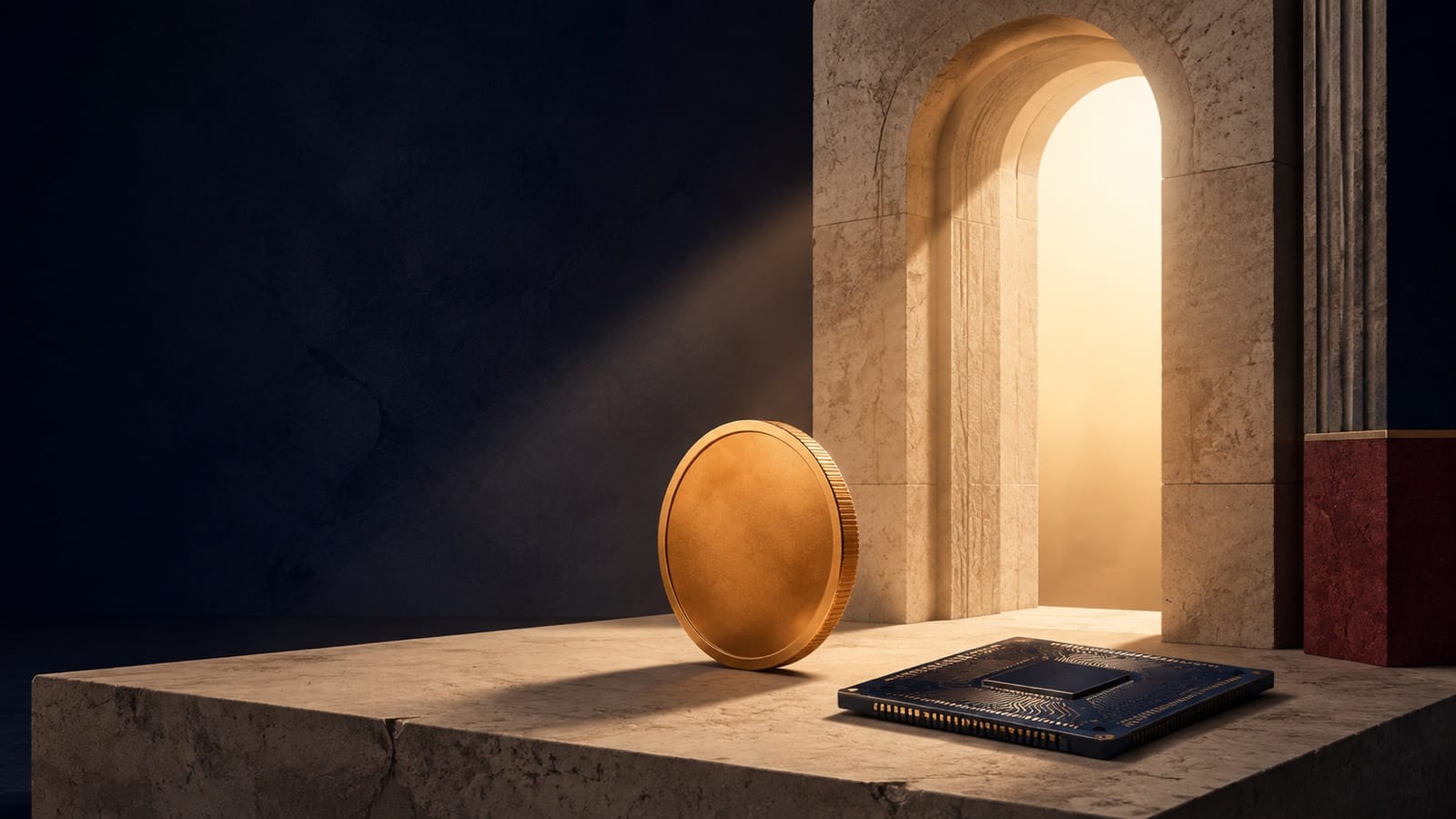 An unmarked copper coin faces a stone gateway beside a semiconductor on an ivory plinth, illustrating Bitcoin approaching a threshold as inflation tests markets
