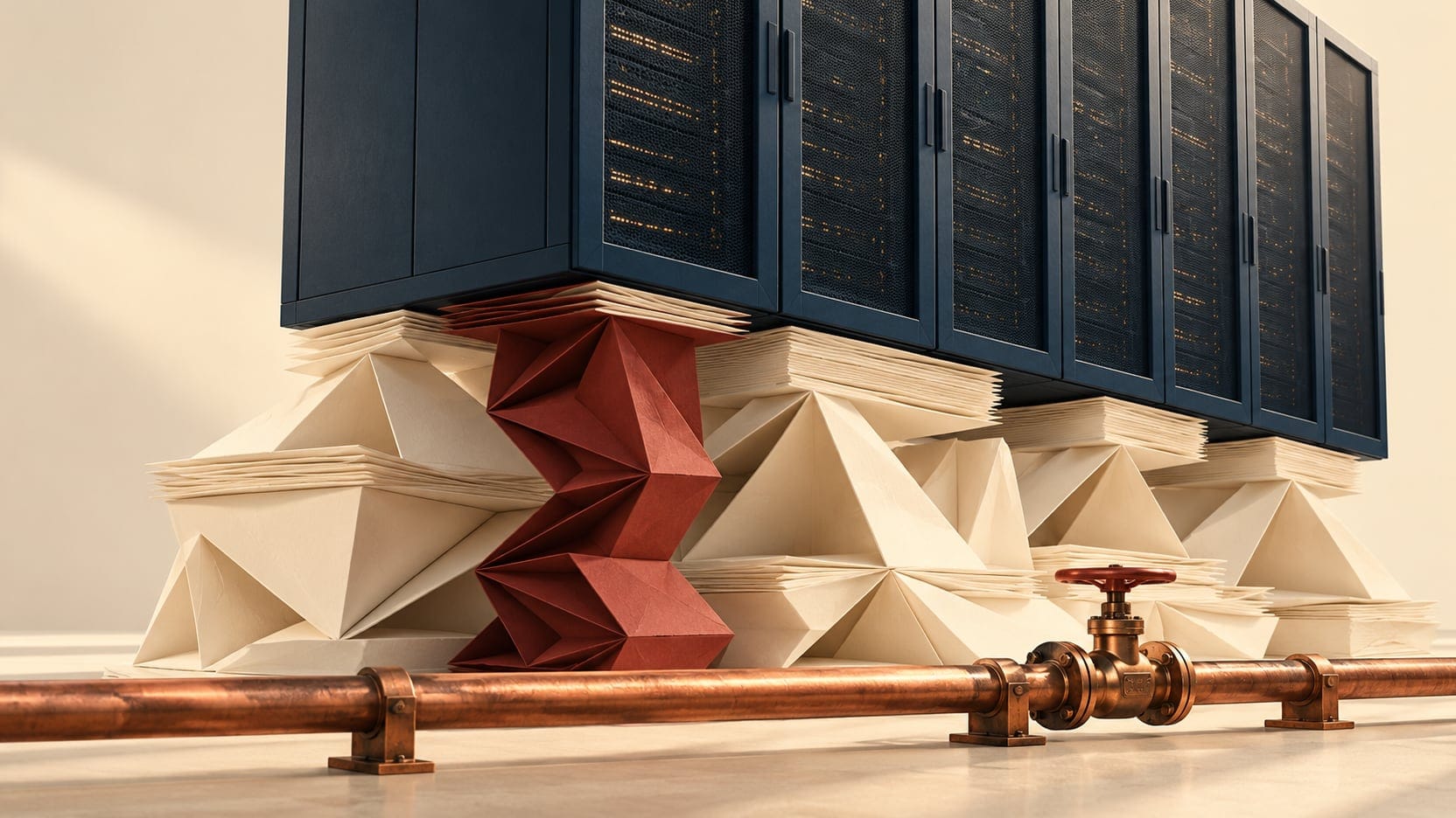 A server cabinet on folded-paper supports beside a copper oil valve, a generated scene illustrating technology investment funding and energy costs.
