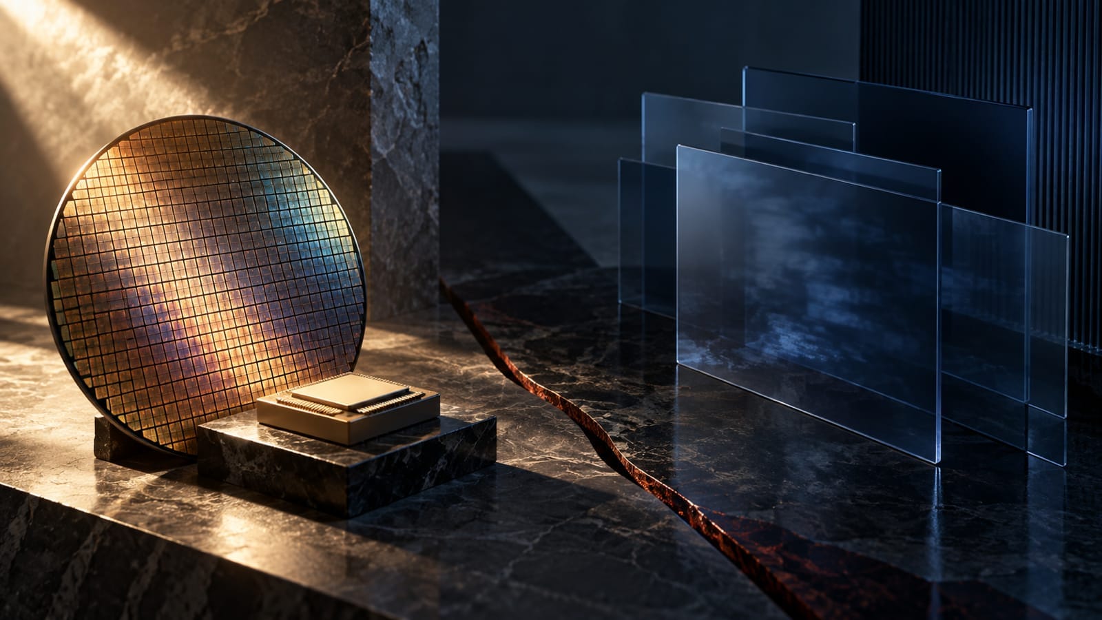 A lit silicon wafer and blue semiconductor blocks rise beside shadowed glass software layers, symbolizing chips leading while software lags
