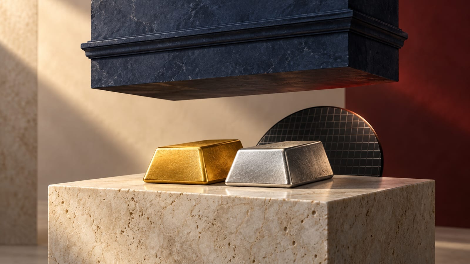 Conceptual editorial image of gold and silver bars on a marble plinth beneath a heavy dark slab, with a silicon wafer behind them, symbolizing the pressure of high interest rates on precious metals and technology stocks