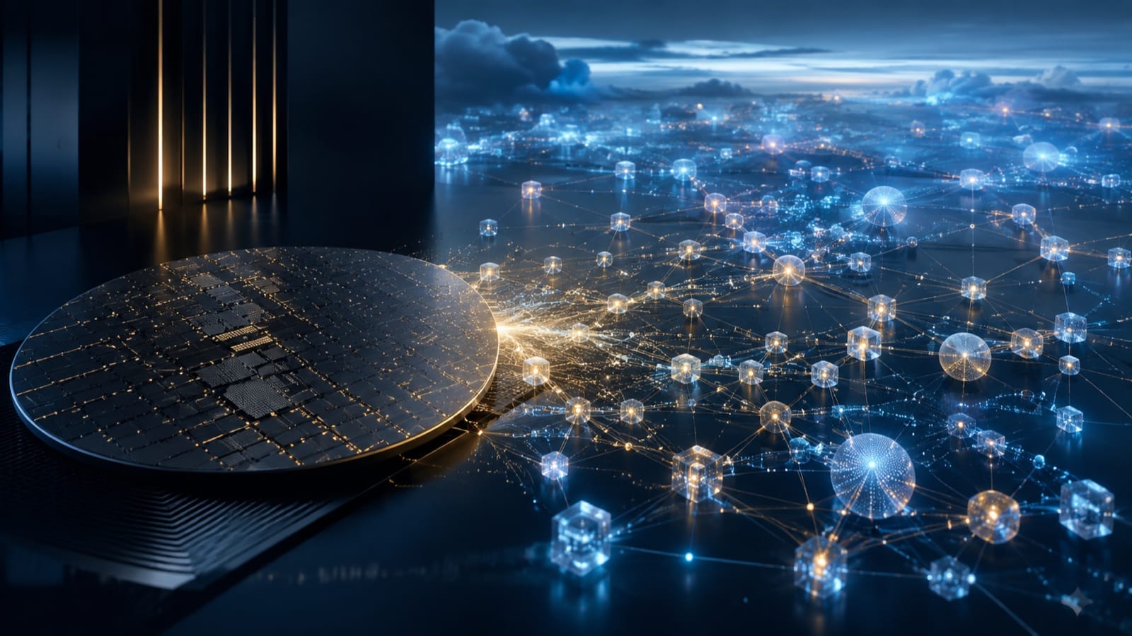 A luminous semiconductor core expands into an open network of connected model nodes in a deep navy and cyan editorial scene, symbolizing Nvidia's Hugging Face deal and the link between chips and developer platforms