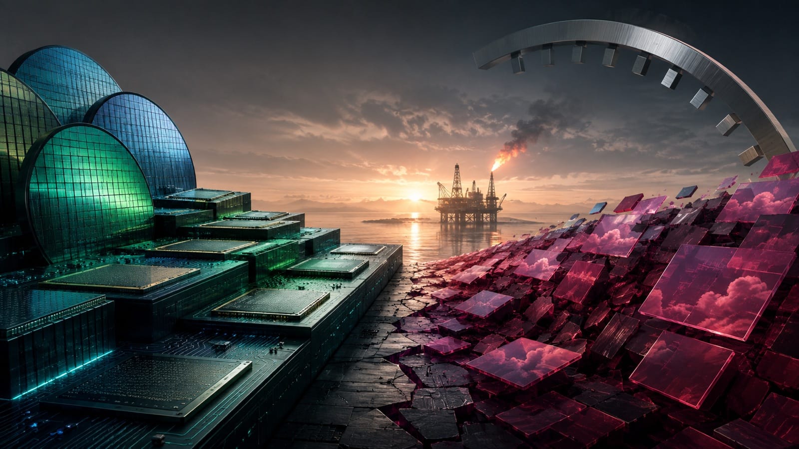 Green semiconductor wafers and processors rise opposite fractured magenta software panels, with an oil platform and Treasury-yield arc in the background, symbolizing Nvidia gains as software weakens under macro pressure