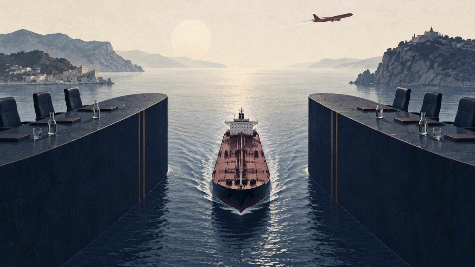 An oil tanker and oxblood aircraft pass between diplomatic conference-table forms beneath a navy and ivory sky, symbolizing U.S.-China talks and energy-cost pressure