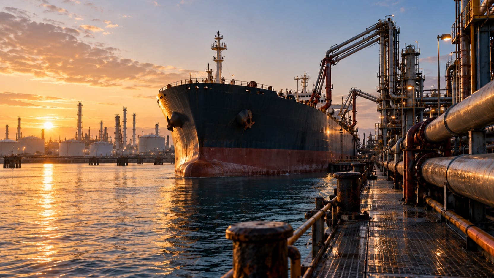 A large tanker alongside a petroleum terminal at dawn with loading pipes, a photorealistic generated scene illustrating energy supply risk.