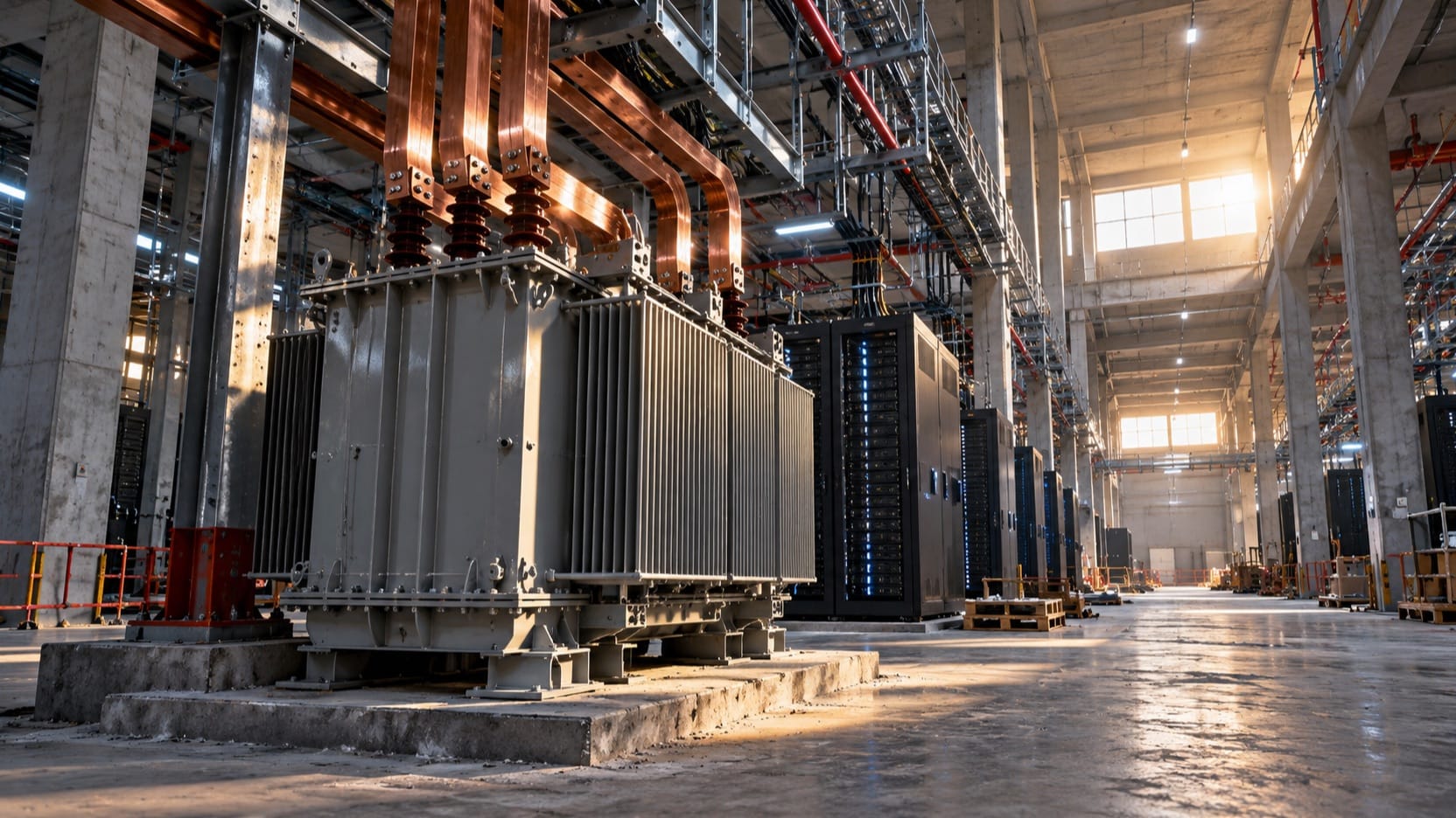 A large transformer and copper electrical connections in a data-center hall under construction, a photorealistic generated scene illustrating capital needs.