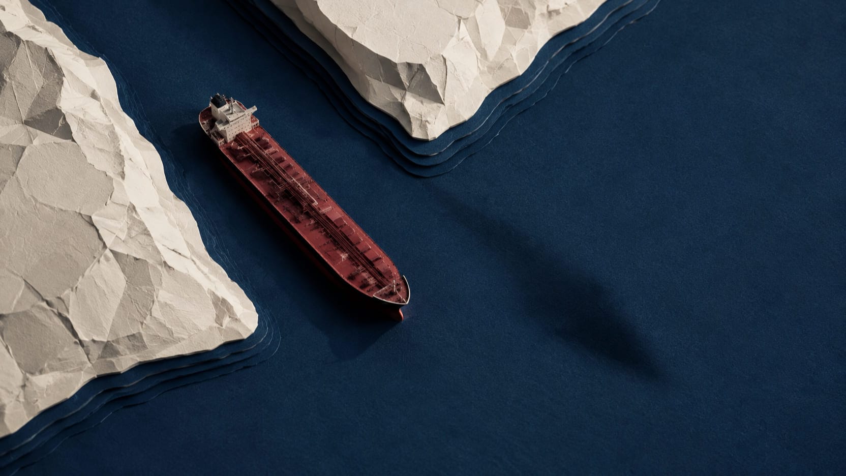 An oxblood oil tanker moves between ivory headlands in a dark navy strait, symbolizing shipping-route uncertainty and oil-driven inflation risk