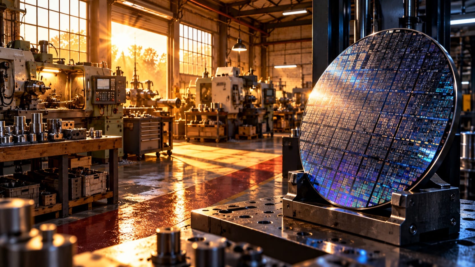 A sunlit workshop and a silicon wafer in shadow, a generated scene illustrating buying that spreads beyond chips.