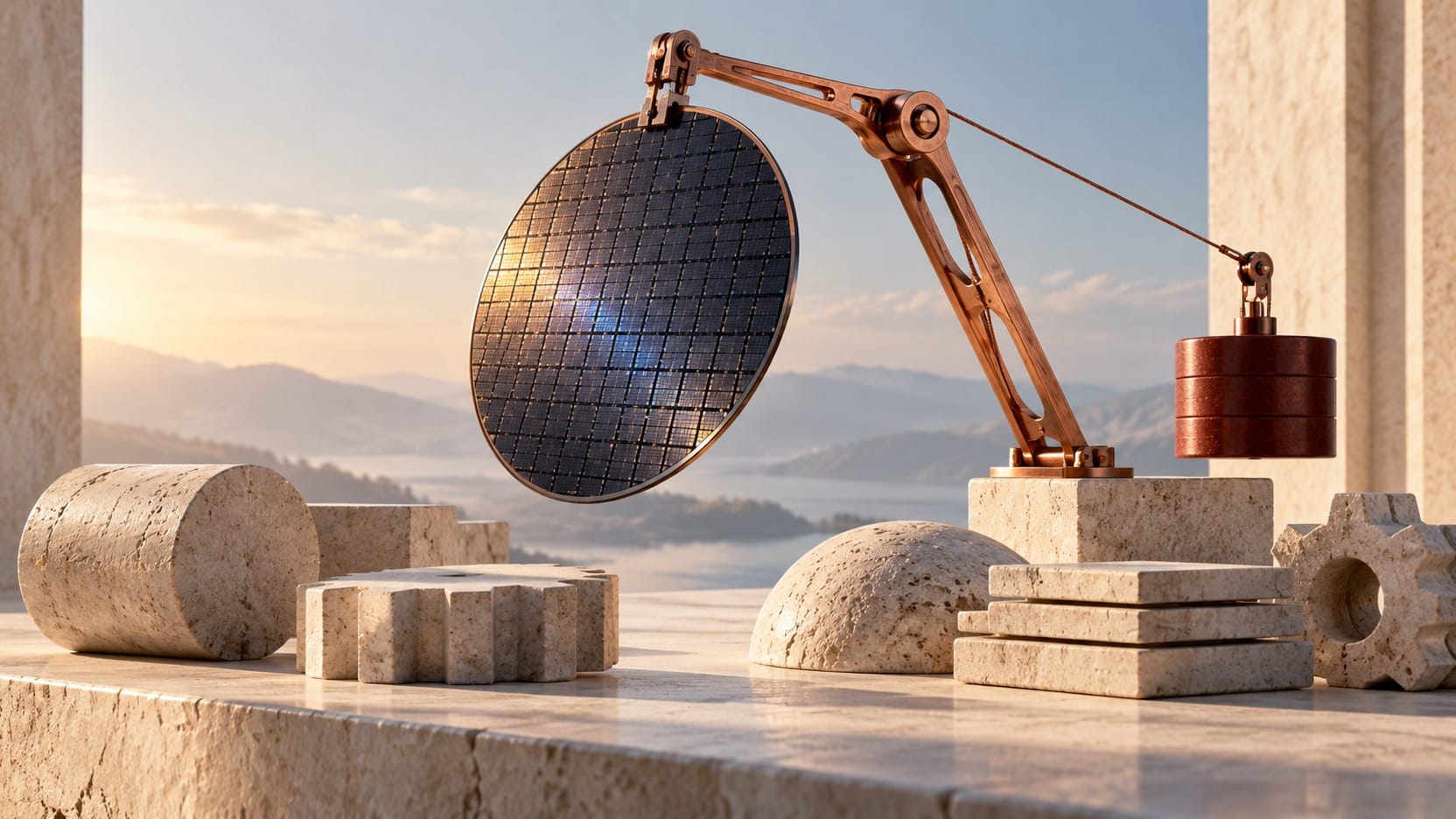 A silicon wafer raised by a copper arm above grounded stones, a generated scene illustrating a narrow technology recovery and its financing burden.