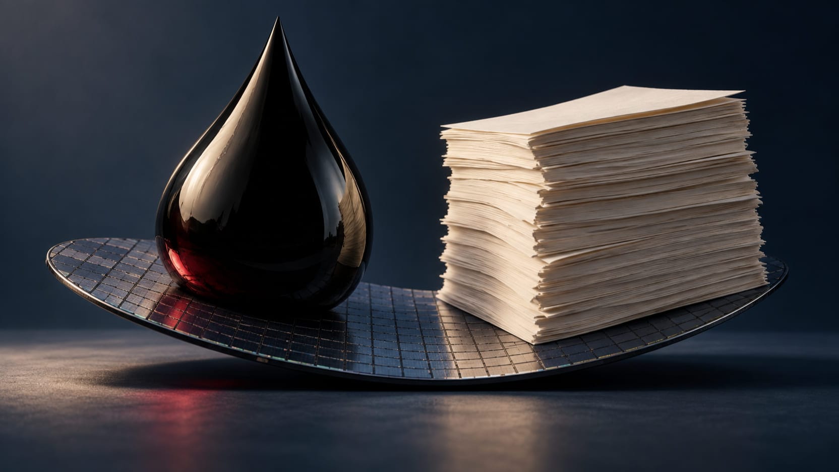 A dark oil droplet and an uneven stack of ivory pages sit on a blue gridded surface, evoking energy and borrowing-cost pressure