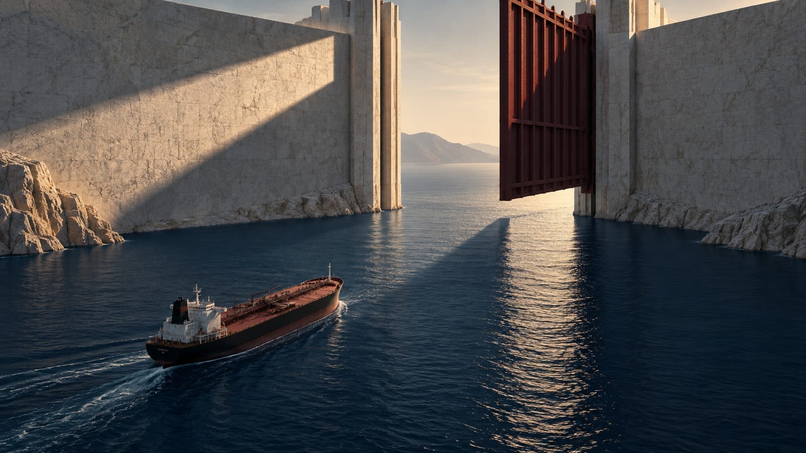 A small oil tanker approaches a partly opened oxblood gate between pale stone walls across a dark navy seaway