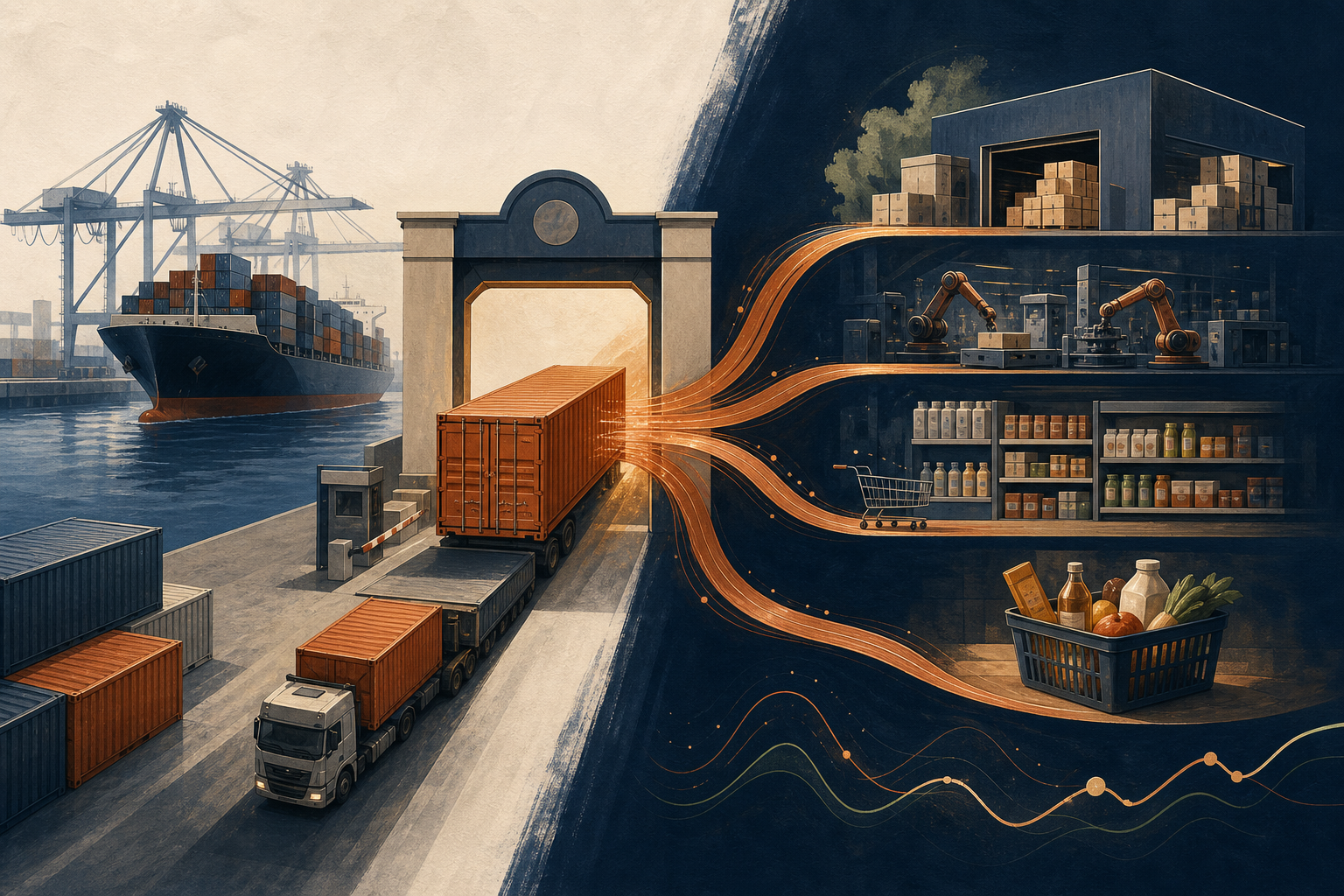 A cargo container passes through a customs gateway as copper cost streams branch toward a warehouse, factory, retail shelf, shopping cart and household basket above market lines