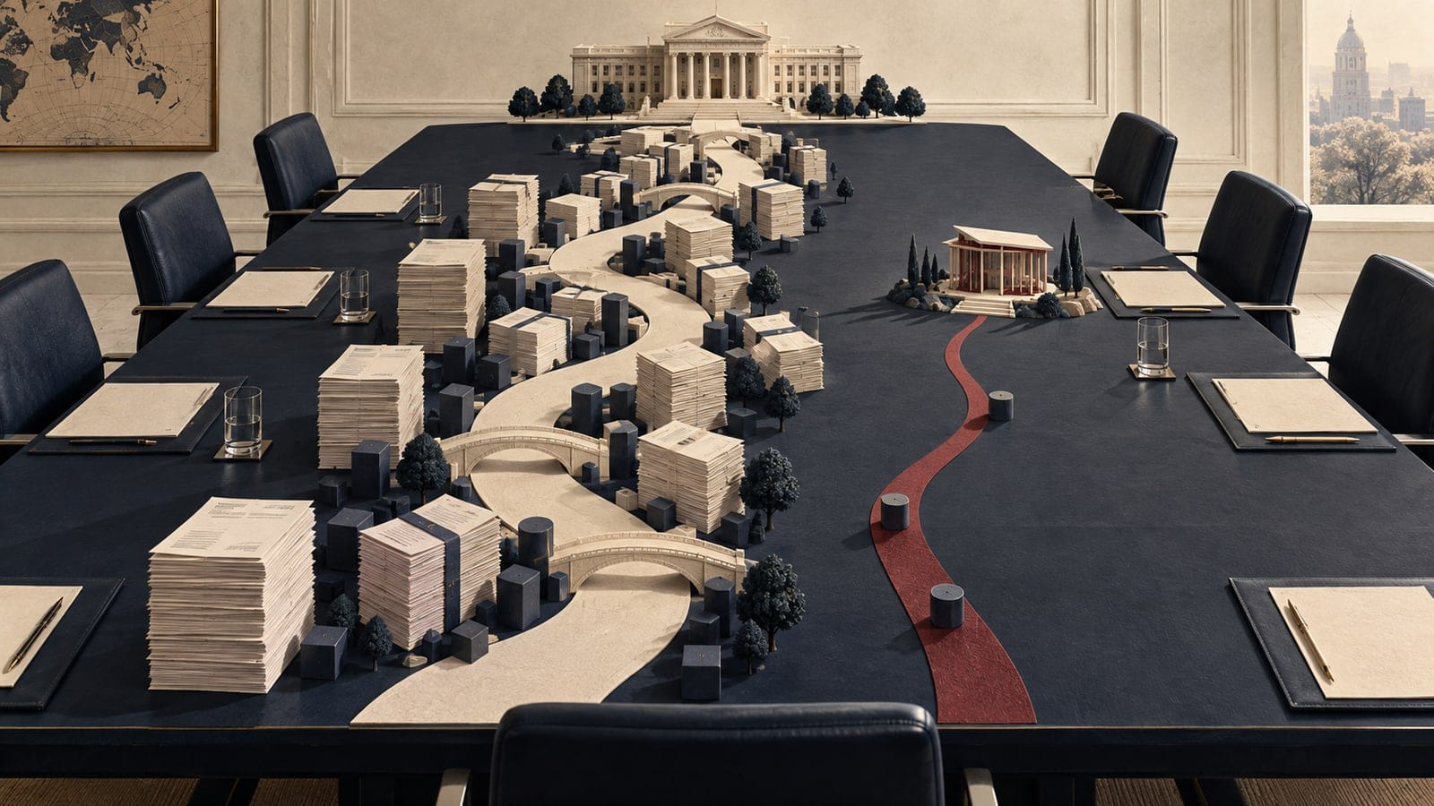 Conceptual illustration of budget papers filling an established route across a boardroom table while a red path toward a new venture receives few resources